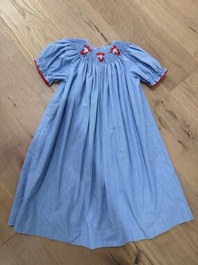 NWOT OleMiss Colonel Reb Blue Smocked Puff Sleeve Kids Dress with Red Trim